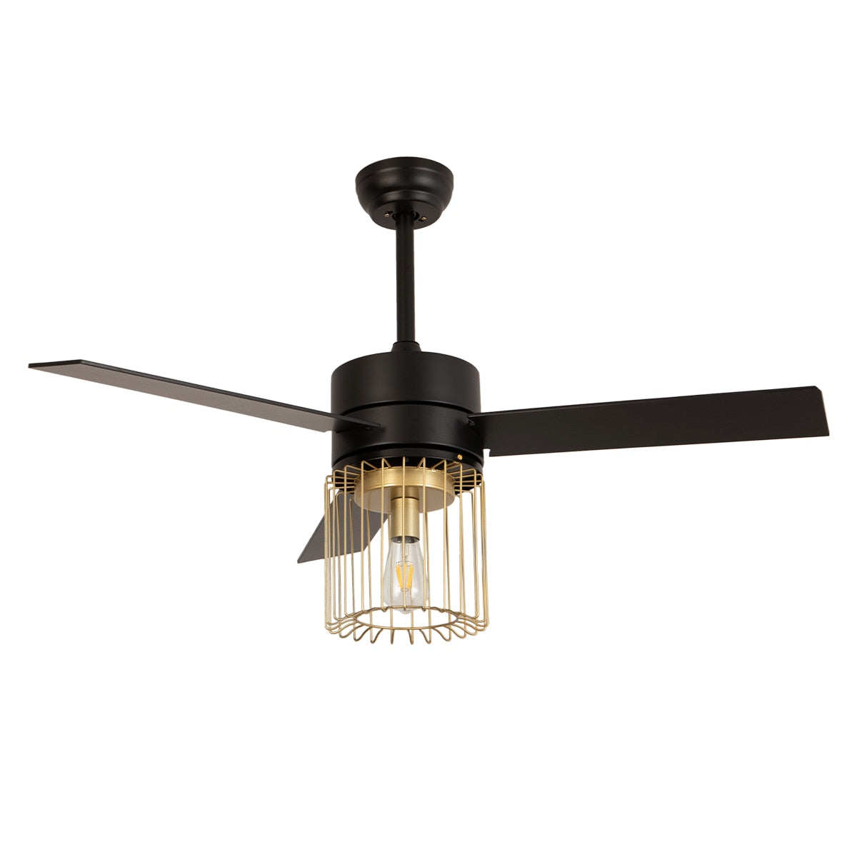 48 Inch Black/White Ceiling Fan 3 Blades 1 Light with Metal Wire-Caged Lampshade and Remote Control for Bedroom