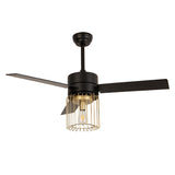 48 Inch Black/White Ceiling Fan 3 Blades 1 Light with Metal Wire-Caged Lampshade and Remote Control for Bedroom