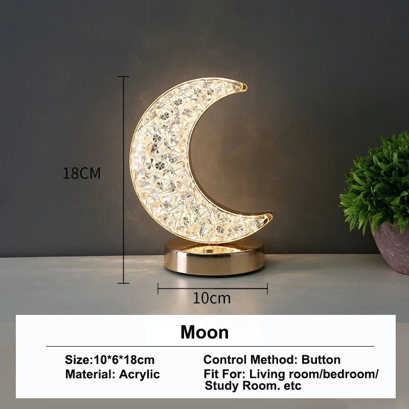 3D Moon Crystal Table Lamp - Touch Dimming USB Rechargeable Night Light for Bedroom, Girls Room Aesthetic Decor