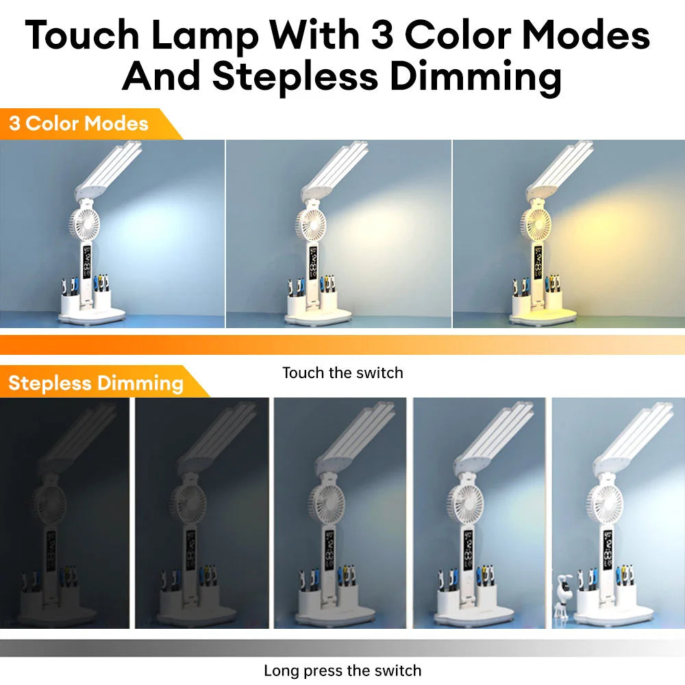 Multi-use Table Lamp Folding Time Date Display Desktop Fan Lamp Tricolor LED Reading Lamp with Pen Holder for Bedroom Office