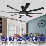 72 inch Large Diameter Black Ceiling Fan, DC Motor Remote Control, 6-speed Reversible, Living Room, Rerrace Pendant Light