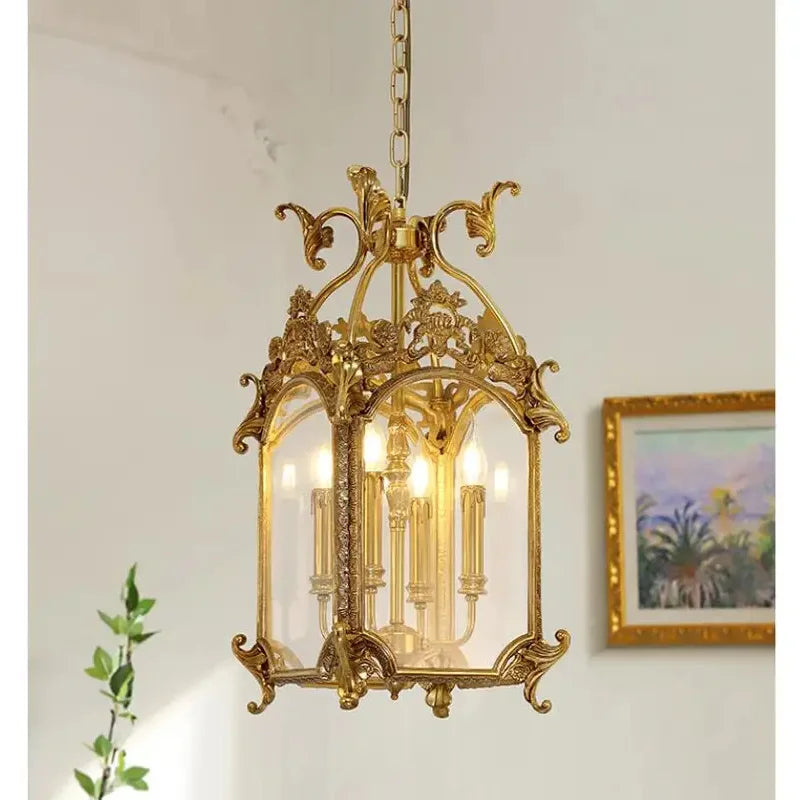 Luxury Copper Glass Corridor Aisle Restaurant Bar Shop Cylinder Solder Birdcage Chandelier Lamp D30cm H62cm Candle Hanging Light