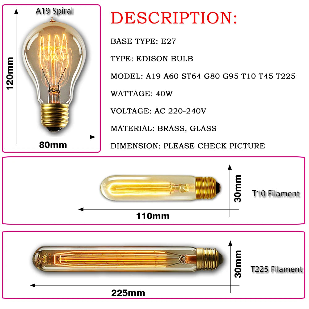 Retro Edison Light Bulb E27 220V 40W ST64 G80 G95 T10 T45 T185 A19 A60 Filament Incandescent Ampoule Bulbs Vintage Edison Lamp