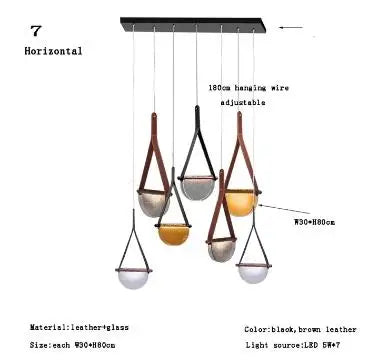 Nordic Leather Handmade Glass LED Lights Creative Belt Design Pendant Lamp for Bedroom Restaurant  Designer Model Room Decor