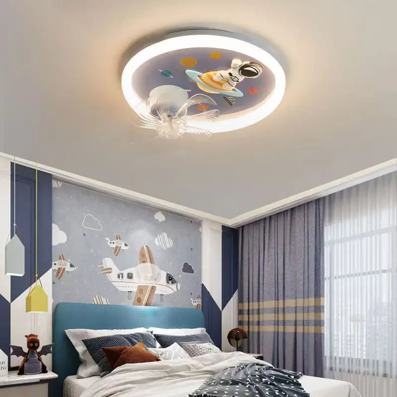 Full spectrum eye protection children's fan LED ceiling light for male and female bedrooms cartoon moon astronaut ceiling light