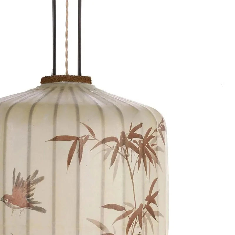 Chinese Style Japanese Fabric Lantern Pendent Lamp Hotel Restaurant Tatami Hand-painted Bamboo Leaf Pattern Room Decor Lights