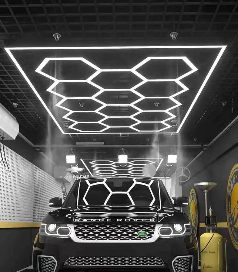 Factory Direct Hexagonal LED Garage Grid Light - Modular Honeycomb Work Lamp System for Car Beauty Shop, Gym & Barber Shop