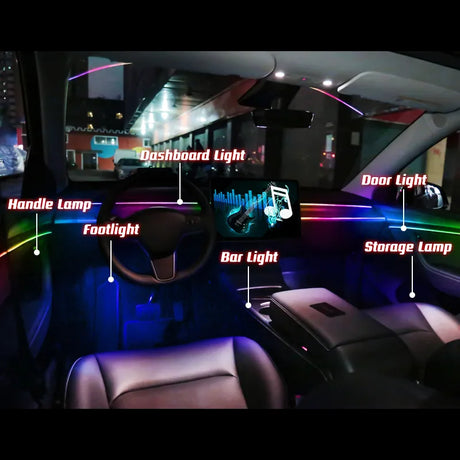 Car's atmosphere with 18 acrylic strips in 64 Colors , controlled by a Bluetooth app.