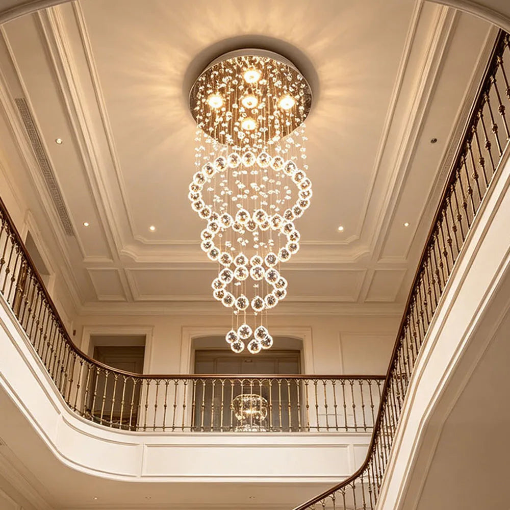 Multi Layer Waterfall Crystal Chandelier Round Ceiling Mount Pendant Light For Staircase Villa Hall Luxury Decor Fixture
