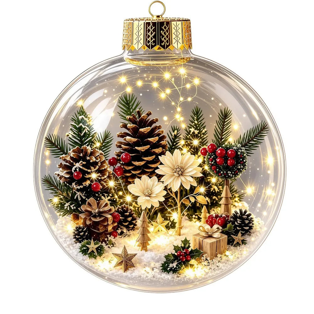 Clear Acrylic Lighted Christmas Ball Ornament Mini Interior Scene Warm LED Light-Up Tree Hanging Bauble Cartoon Shock-Resistant
