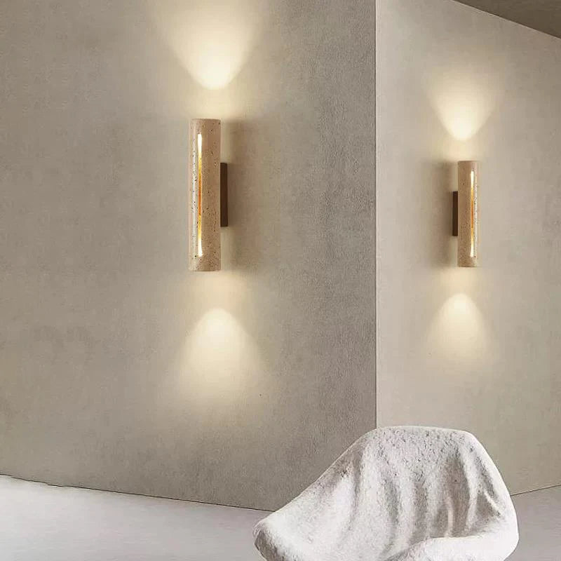 Yellow Cave Stone & Wood LED Wall Sconce Lamp - Wabi-Sabi Natural Travertine Stone Wall Light for Living Room, Bedroom Bedside & Corridor Decor