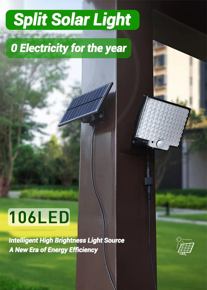 106LED Solar Light Outdoor Waterproof with Motion Sensor Floodlight Remote Control 3 Modes for Patio Garage Backyard Solar Lamp
