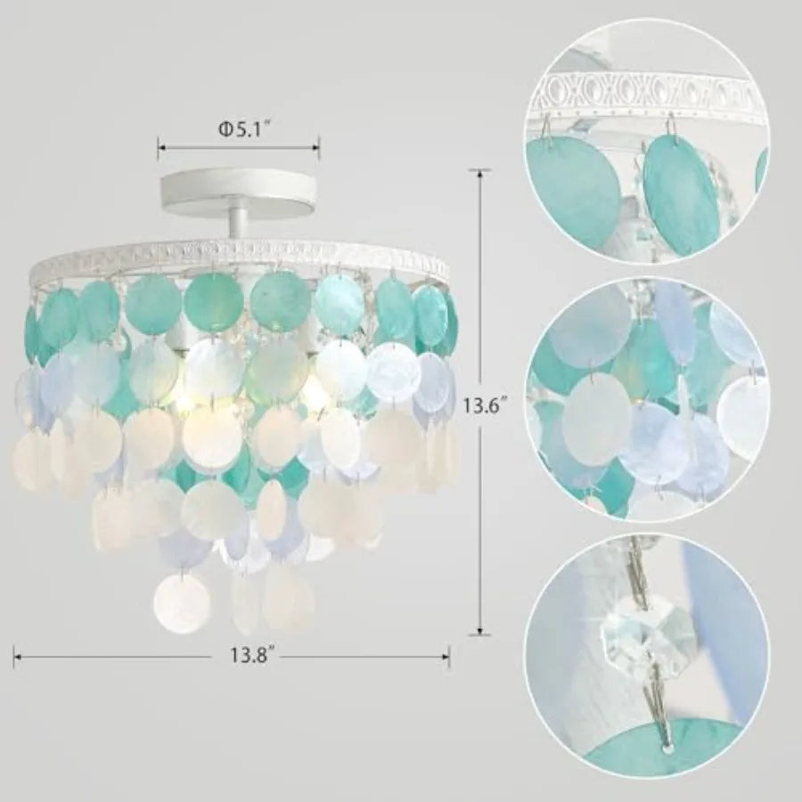 13.8" Natural Capiz Shell Chandelier 3 Light Mi Chandelier Boho Ceilg Light Entryway Light Fixture for Girls' Bedroom Hallway L