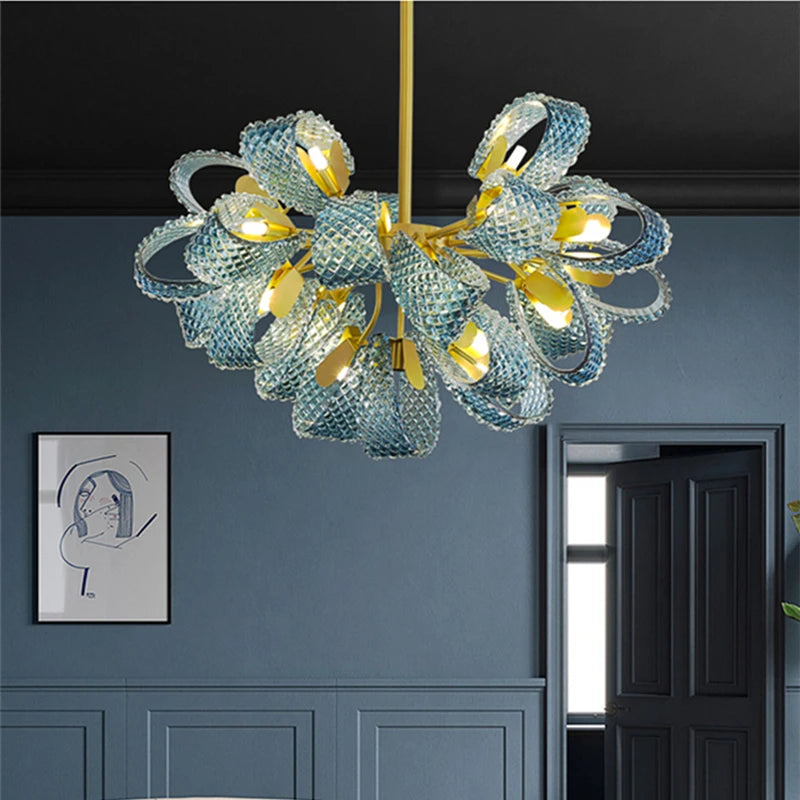 Postmodern Blue Glass LED Pendant Light Chandelier Hallway Bar Bedroom Living Room Restaurant Luxury Home Decor Lighting Fixture