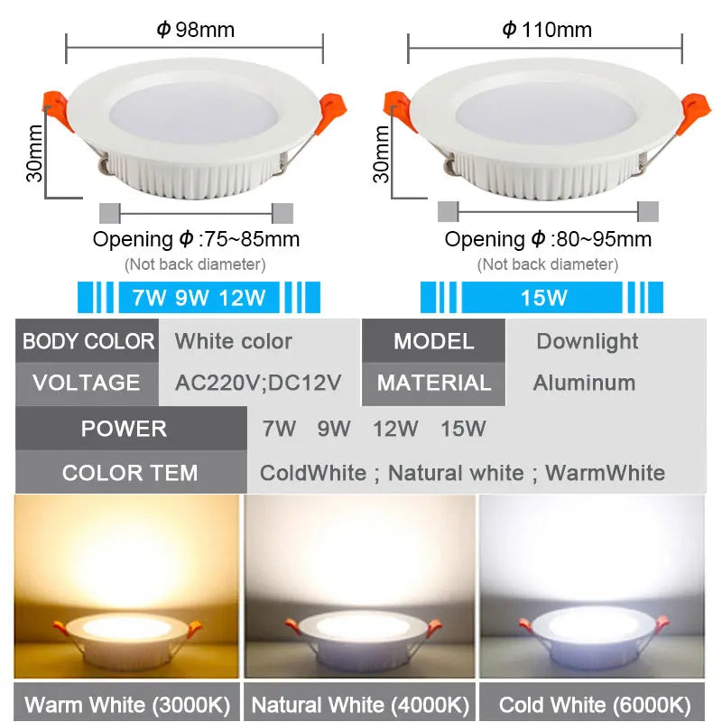 10 Pcs IP65 LED Waterproof Downlight Recessed AC220V 7W 9W 12W 15W DC12V Kitchen Bathroom Toilet Spot Light Ceiling Lamp