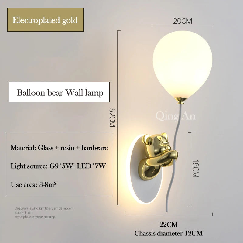 Pink Balloon Bear Wall Lamps Cute Children's Room Lamp Modern Warm Princess Room Nursery Girl Boy Bedroom Bedside Wall Lights
