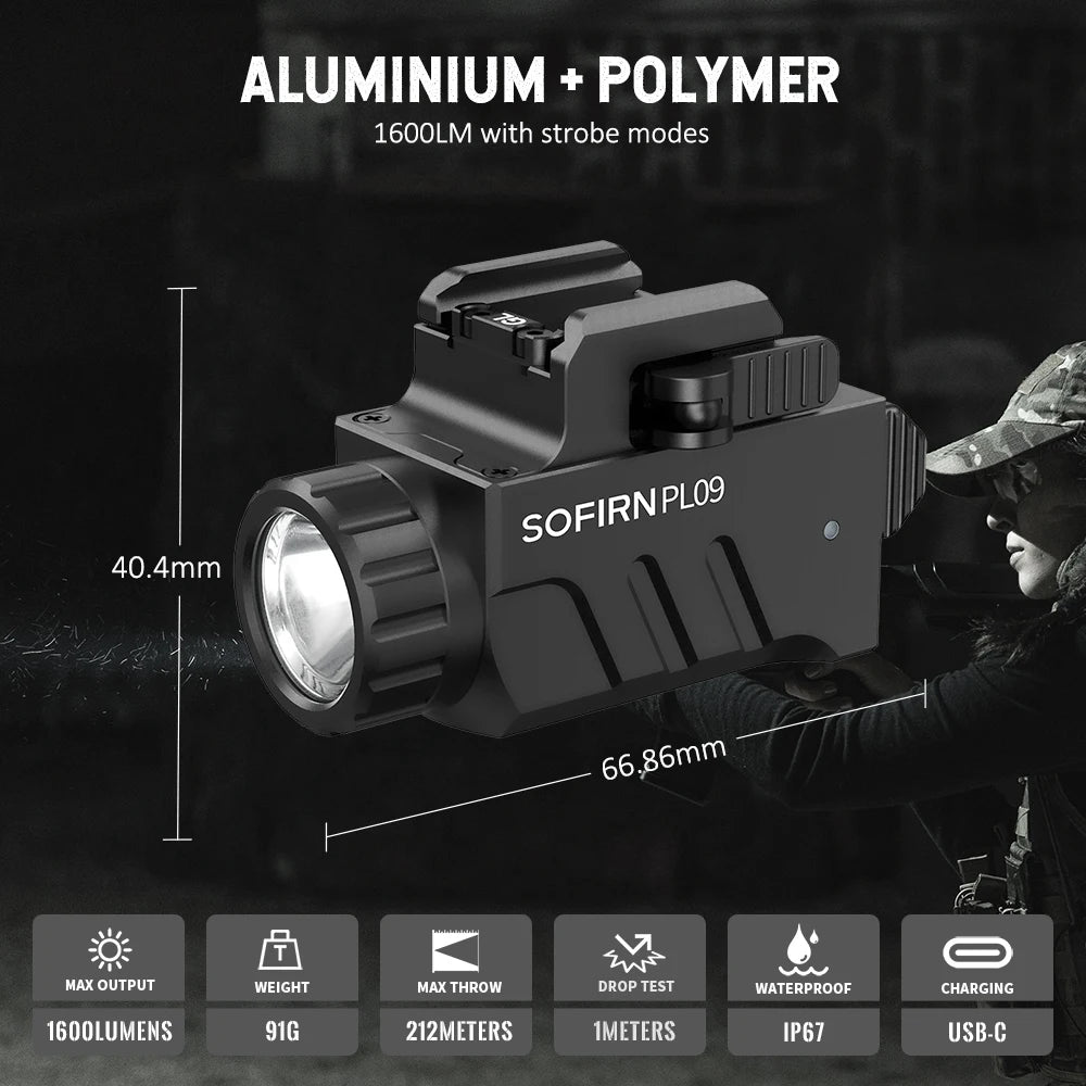 PL09 1600-Lumen Rechargeable Tactical Flashlight - Quick-Release Picatinny Rail Mount