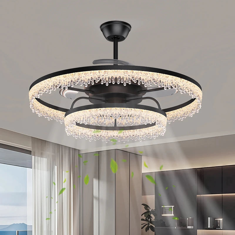 Modern Black Ceiling Fan with LED Light - Round Electric Ceiling Fan Lamp Fixture for Living Room, Bedroom & Dining Room
