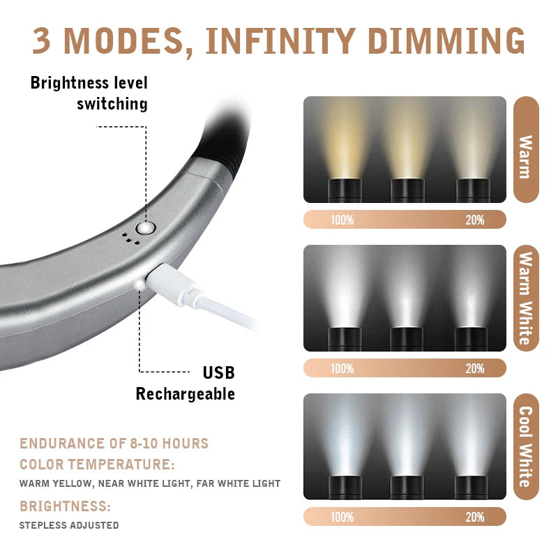 LED Neck Reading Light Flexible Handsfree Lamp Portable USB Rechargeable Book Light Knitting Camping Repairing Running Lighting