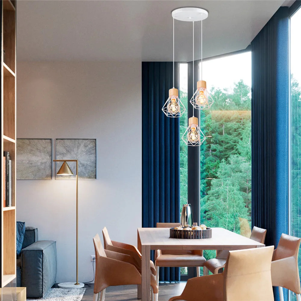3-Heads Dining Table Chandelier Iron Wooden Lampshade Hanging Lamp for Kitchen Island Bedroom Modern Suspension Pendant Lighting