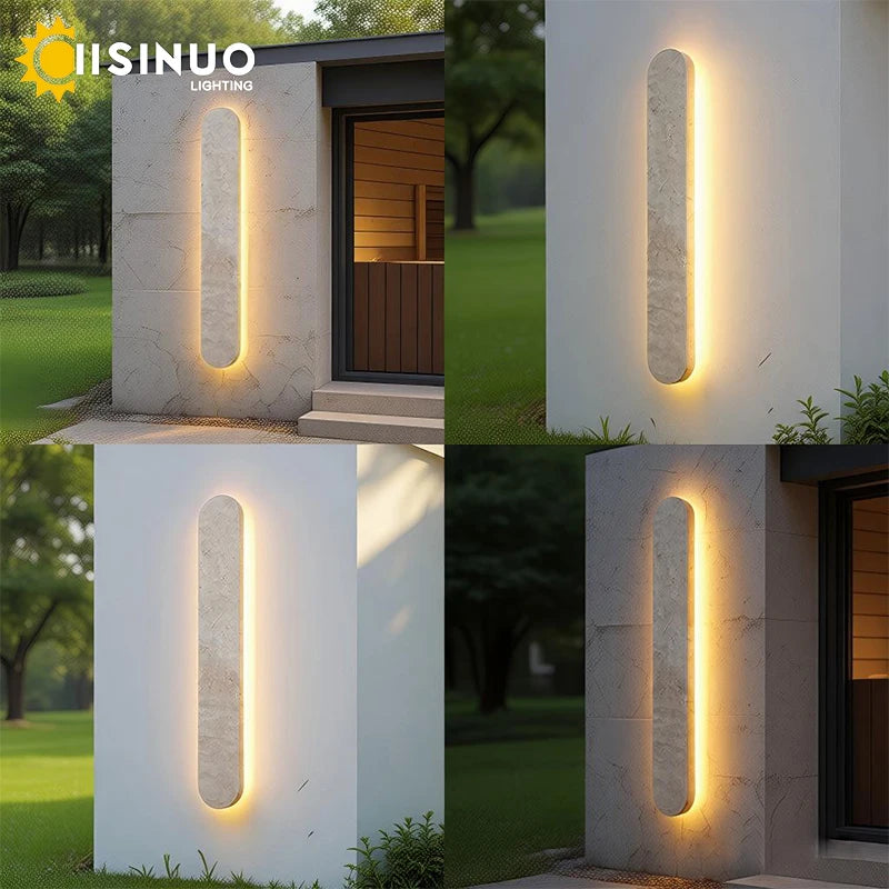 Wabi-Sabi Yellow Travertine Natural Stone Outdoor Wall Lamp - IP65 Waterproof LED Long Linear Sconce Fixture for Villa Fence, Gates & Courtyard