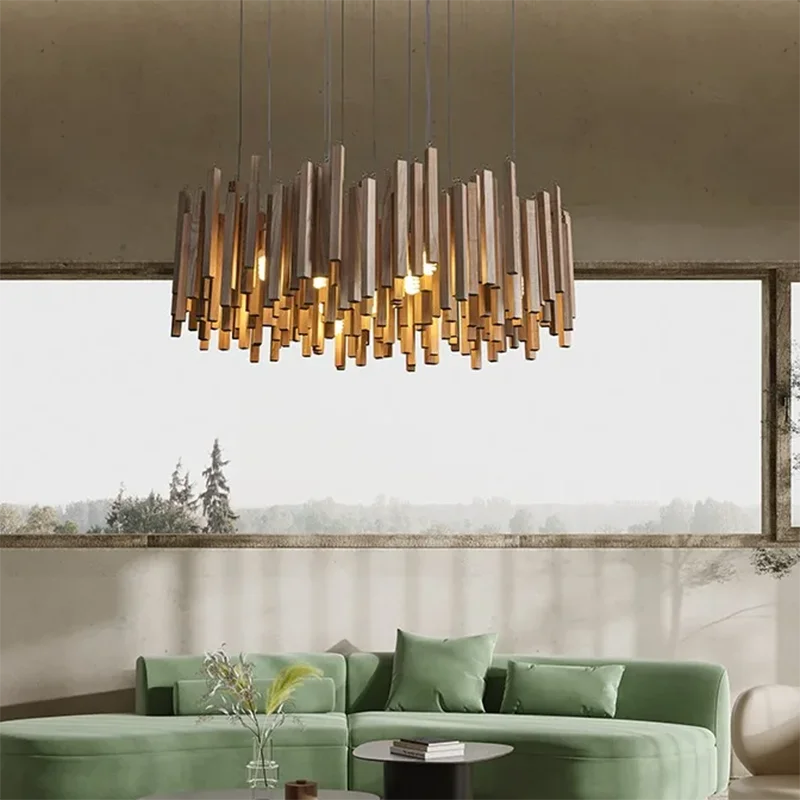 Retro Wooden Hanging Chandelier Light Dining Table Solid Wood Led Pendant Lamp Living Room Kitchen Chandelier Lighting Fixture
