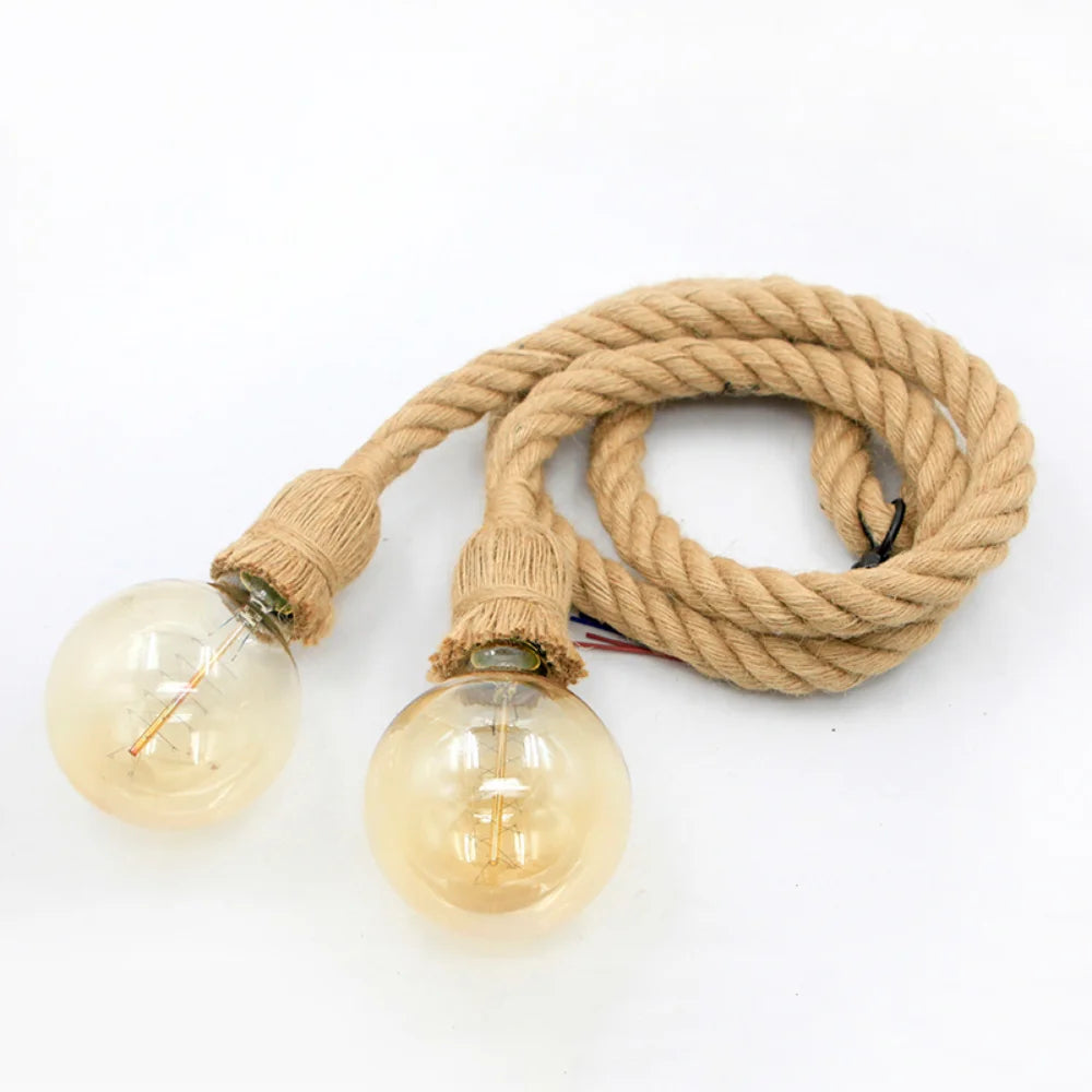 Vintage Industrial Hemp Rope Pendant Light (1m / 2m / 3m / 4m) - Single & Double Head Retro Loft Hanging Lamp Fixture for Edison Bulbs