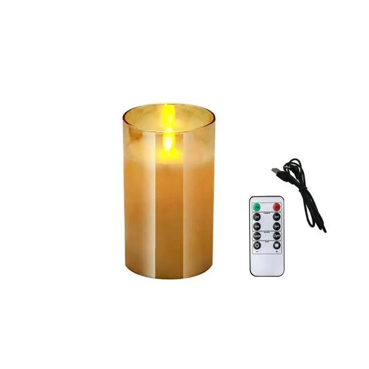 USB Rechargeable LED Flameless Pillar Candle set Flickering Moving Wick Paraffin Real Wax Remote controlled w/Timer Glass Lights