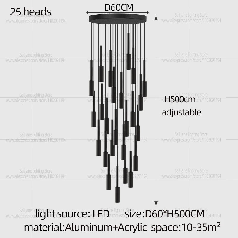 Cylindrical Pendant Light Long Line Attic Chandelier - Modern LED Villa Spotlight