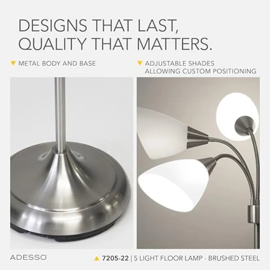 Floor Lamp with 5 Movable Shades and Adjustable Brightness Perfect Lighting for Bedroom Decor, Beauty and Art Studio