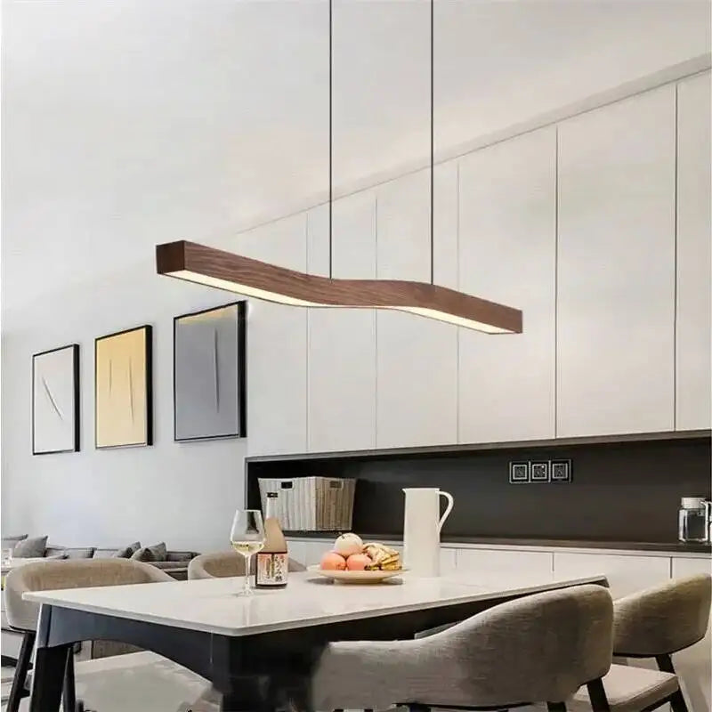 Retro Camur Linear Pendant Light Walnut Wood Grain Long Strip Lamps Restaurant Hanging Lamp Loft Artistic Creativity Dining Room