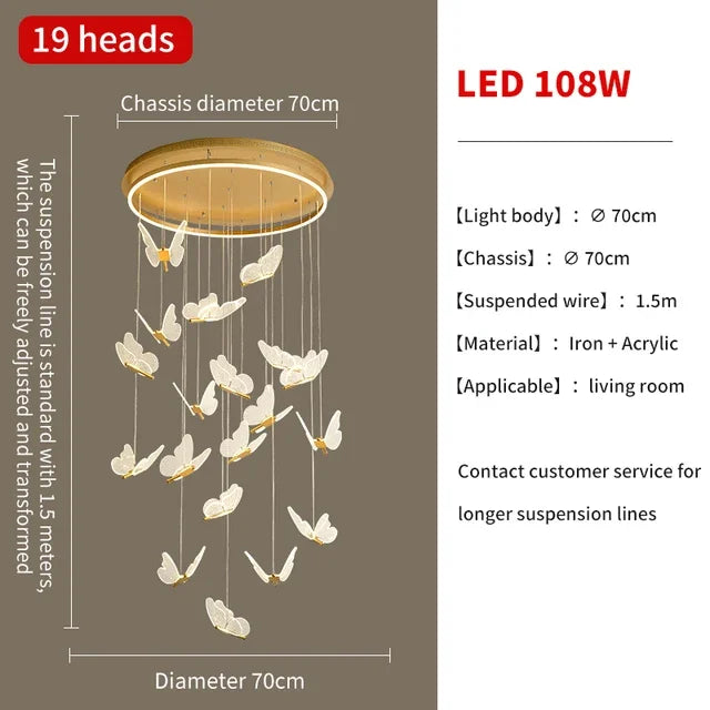 Gold LED Butterfly Lights Home Indoor Staircase Hanging Chandleiers Lamps Living Kitchen Island Bedroom Wall