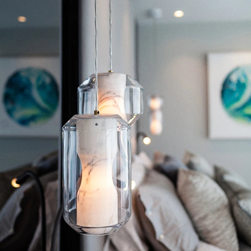 Nordic Glass Marble LED Pendant Lamp For Bedroom Bedside Dining Room Bar Bathroom Villa Art Decoration Small Chandelier Light