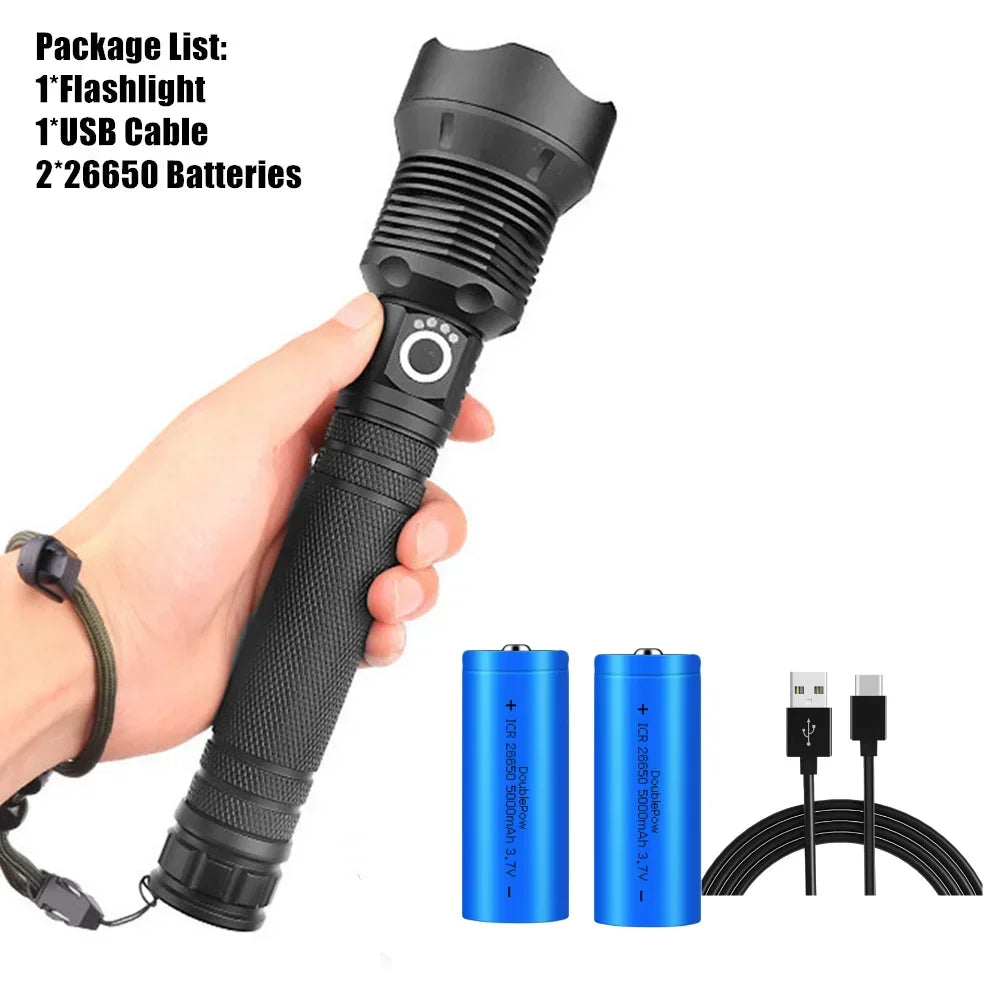 Super Bright Rechargeable LED Tactical Torch with Zoom USB Powerful XHP70.2 Flashlight Camp Lamp Using 18650 Or 26650 Battery