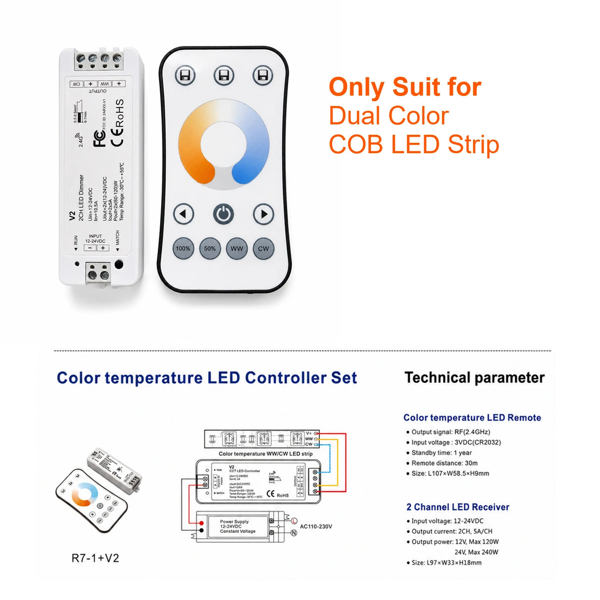 24V Super Bright COB LED Strip Light (312/576 LEDs/m, 5M/10M) - Flexible Cuttable High-Density Tape Light with Adhesive Backing
