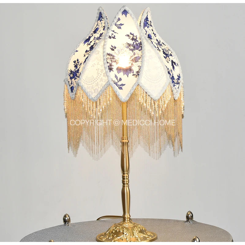 Home French Retro Blue And White Porcelain Floral Lampshade With Pearl Tassel Luxury Desk Lamp Shade Floor Pendant Light