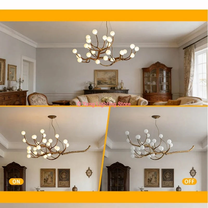 Retro Brown Antique LED Pendant - Art Branch Light with Frosted Lampshades