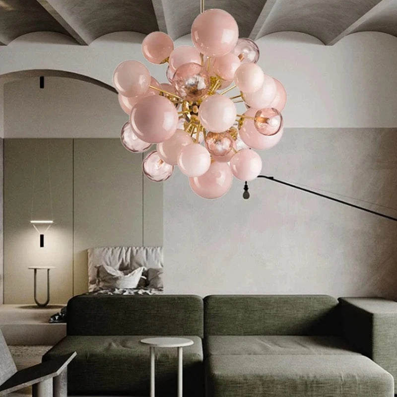 Modern Pink Glass Bubble Ball Pendant Chandelier Light - Decorative Globe Hanging Ceiling Light Fixture for Living Room, Dining Room & Bedroom