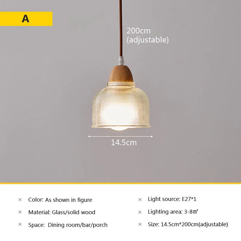 Nordic glass pendant lamp Japanese log wind cafe&#39;s restaurant three small chandelier bedroom bedside bar dining table lamps