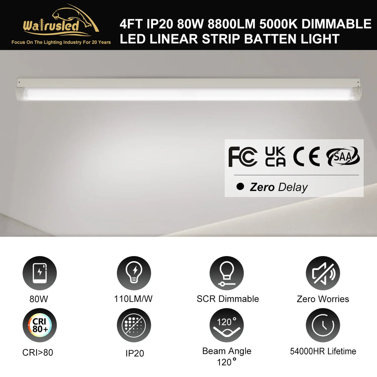 48 Inch 80W LED Linear Strip Stairwell Light Fixture 8800lm 5000K IP20, SCR Dimmable 4 Foot Grade Indoor Shop Ceiling Lights FCC