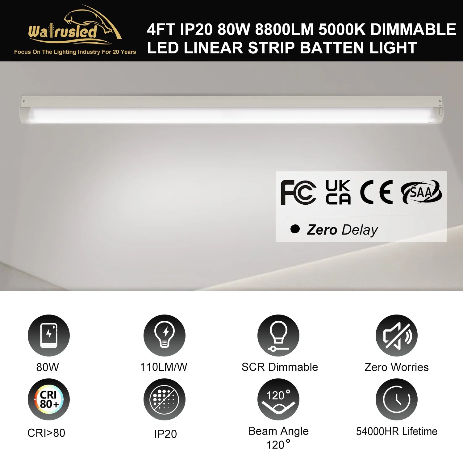 48 Inch 80W LED Linear Strip Stairwell Light Fixture 8800lm 5000K IP20, SCR Dimmable 4 Foot Grade Indoor Shop Ceiling Lights FCC