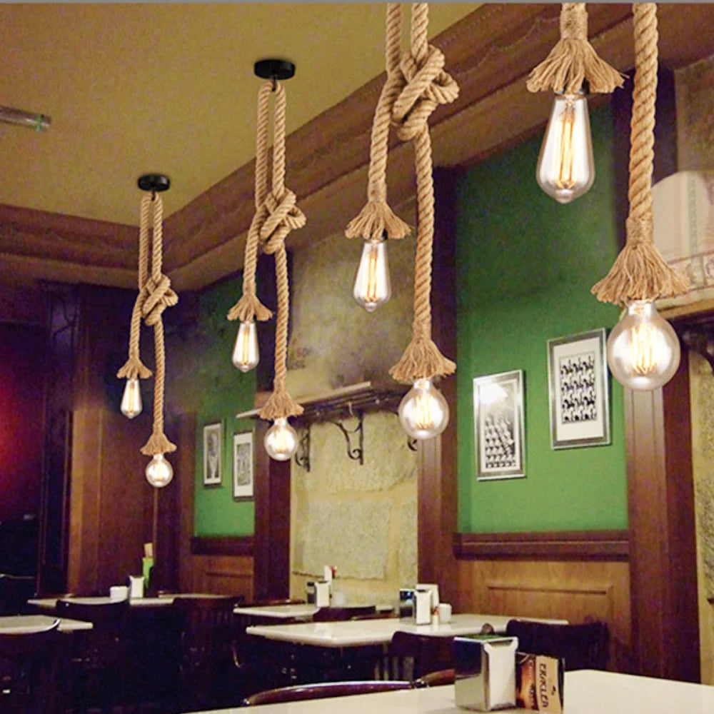 Vintage Industrial Hemp Rope Pendant Light (1m / 2m / 3m / 4m) - Single & Double Head Retro Loft Hanging Lamp Fixture for Edison Bulbs