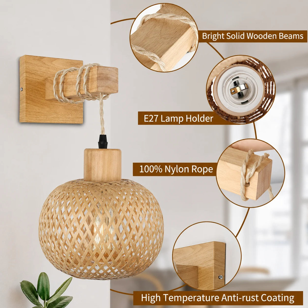 Bamboo Wall Lamp Sconce (1-Pack / 2-Pack) - Japanese Style Hand-Woven Wicker Light Fixture for Restaurant, Dining & Living Room