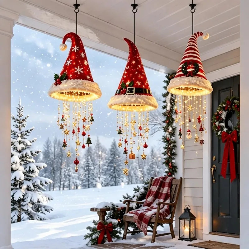 Glowing Santa Hat Chandelier - Warm Glowing Christmas Ornaments Hanging Chandelier Xmas Decoration for Porch Festive Decor