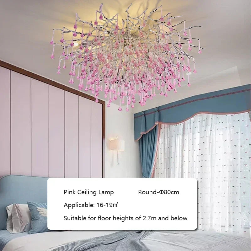 Light luxury living room pendant light creative girl pink branch shaped hall pendant branch water droplet restaurant