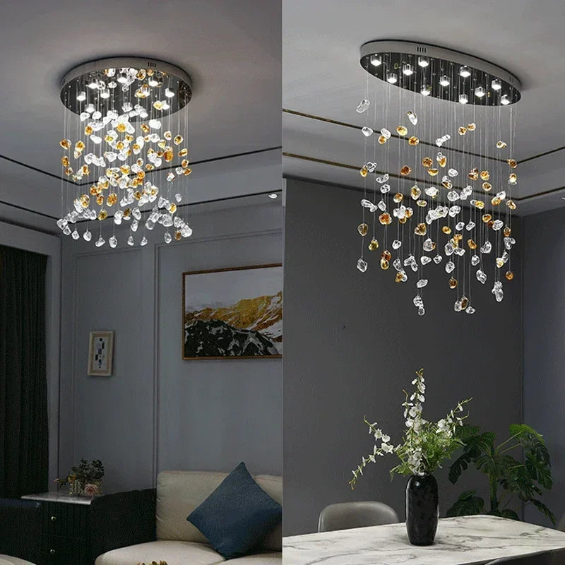 Luxury LED Crystal Pendant Lamp Restaurant Living Room Villa Bedroom Irregular Stone Chandelier Indoor Art Decor with Spotlight