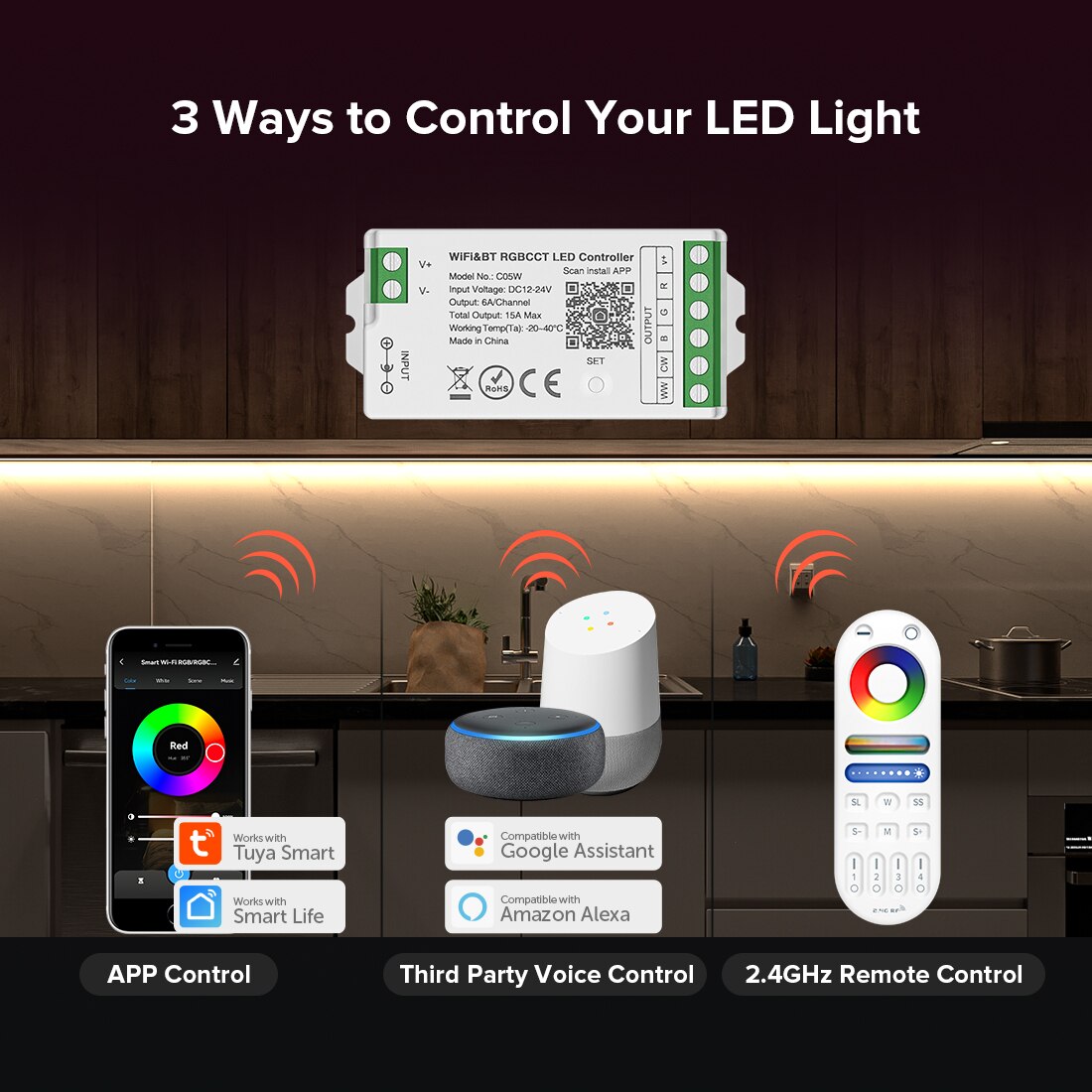 Smart LED Controller, Tuya WiFi, Alexa, Google Home, Bluetooth Voice Control, Dynamic Lighting Control, CCT, RGB, RGBW, Dimmer, iOS, Android, 2.4G, DC12V, DC24V, Intelligent Connectivity, Dynamic Light Modes, User-Friendly Compatibility, Versatile Voltage Support, Effortless Control, Max Load Power, Durable Craftsmanship, Certified Quality, Two-Year Warranty, WiFi and Bluetooth Connection, Lighting Ambiance, Lighting Control Options
