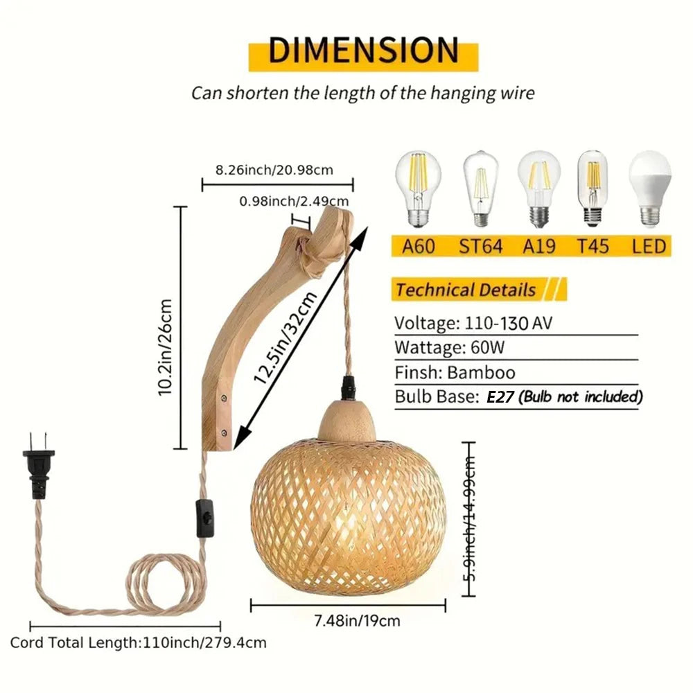 Bamboo Lantern Wall Light Natural Rattan Wicker E27 Chandeliers Hand-Woven Bamboo Lampshades Lighting Fixtures