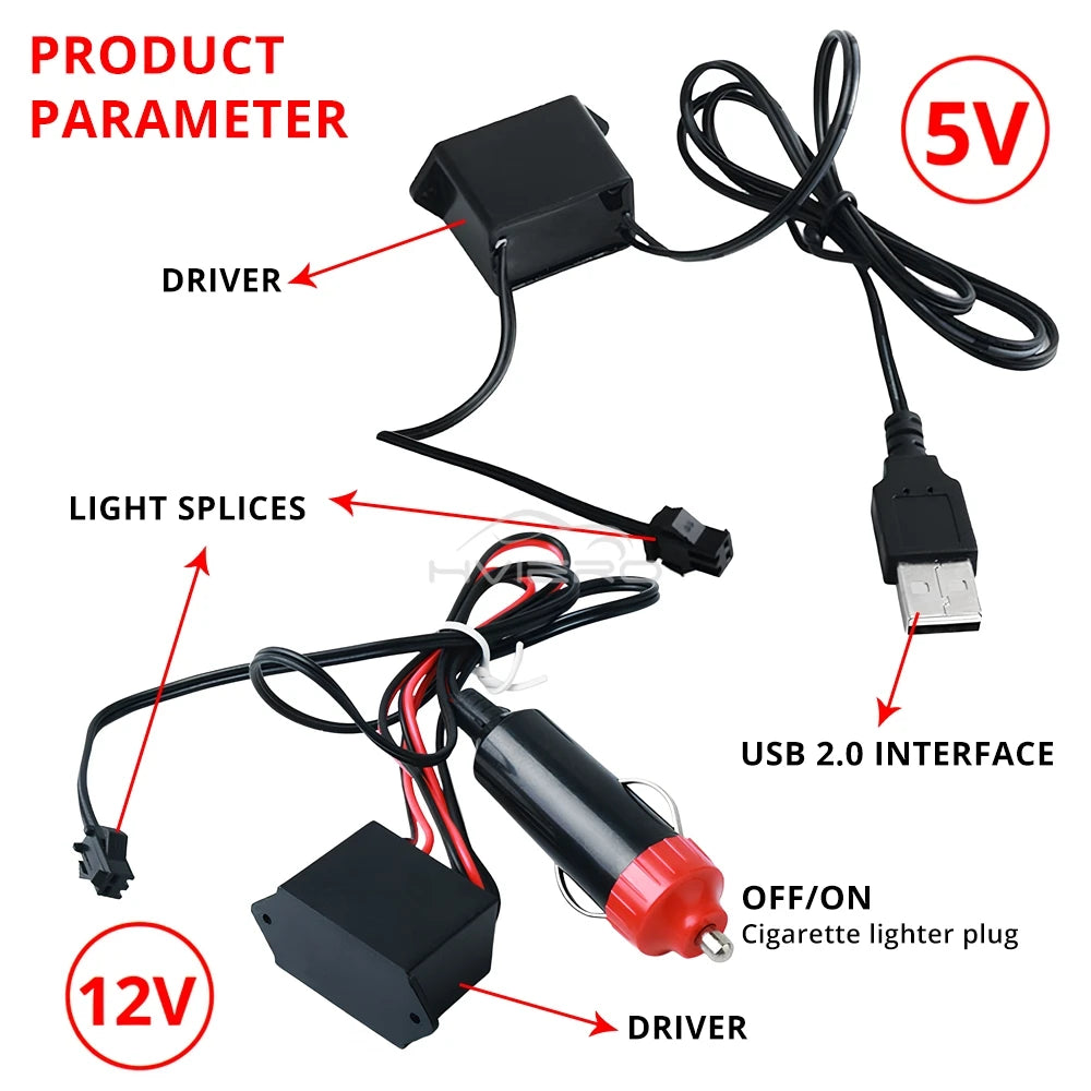 1M/2M/3M/5M Colour Car Interior Lighting LED Strip Auto Decoration Wire Rope Tube Line Flexible Neon Lights USB Drive Atmosphere