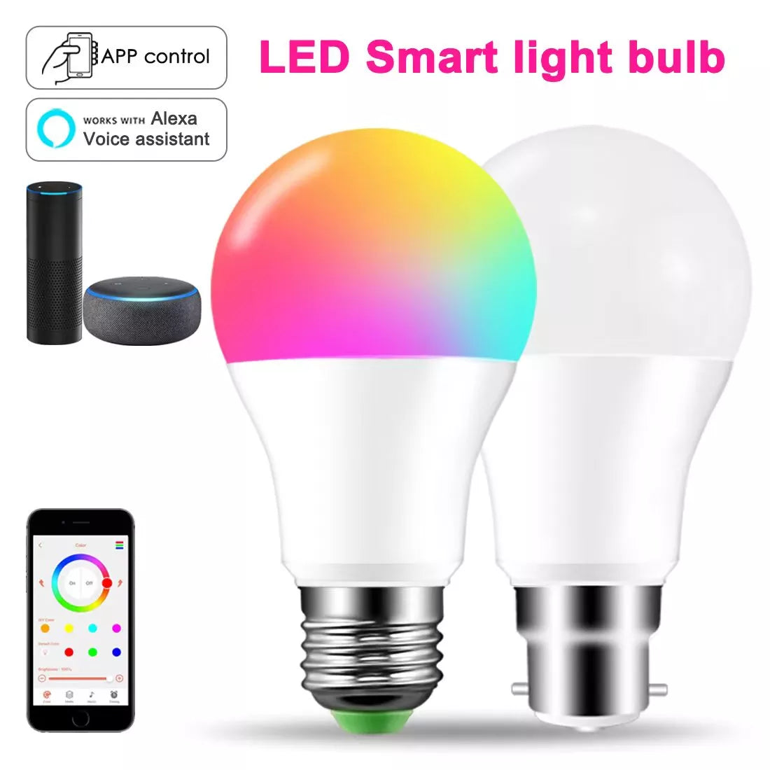 LED Smart Light Bulb, Color Changing Alexa Light, RGB Smart Lamp That Work With Alexa, E27 B22 Base,16 Million Colors, Dimmable